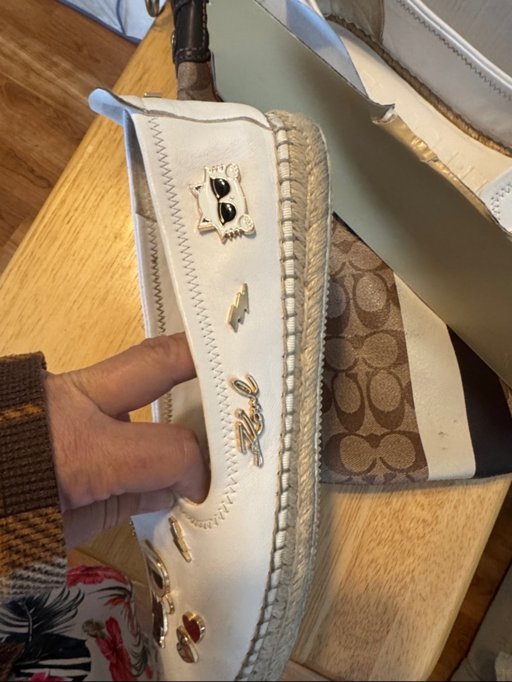 Karl Lagerfeld White Leather Espadrille Slip-Ons with Enamel Charms/w Box